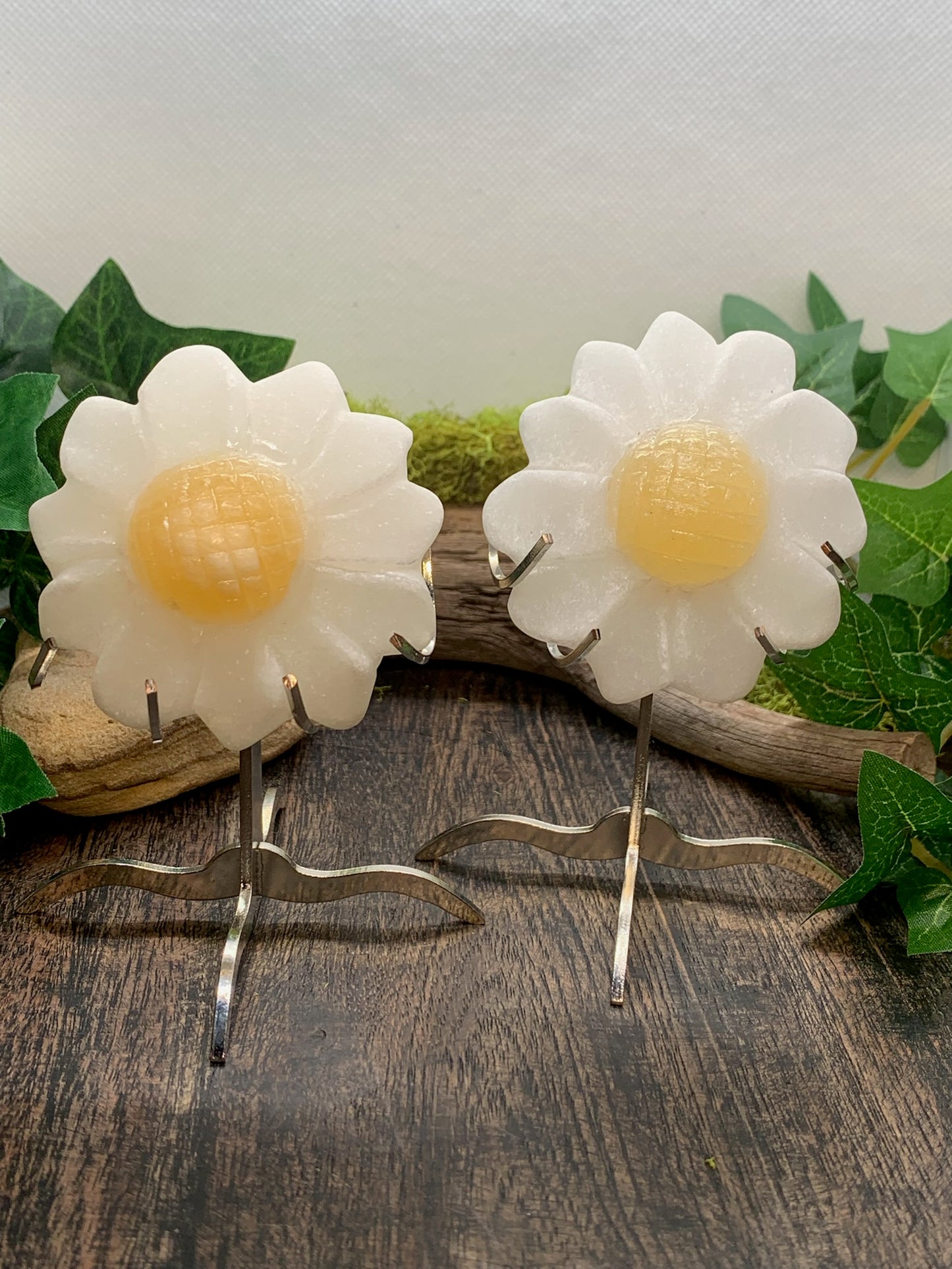 Yellow and White Calcite Flower Carving with Stand